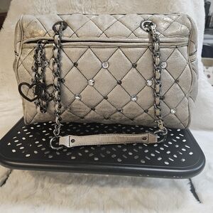 Betsey Johnson 100% Genuine Leather Gold Quilted Satchel Leopard Lining
